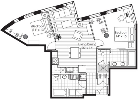 Floor plan for 2 beds, 2 baths, 1260 sqft
